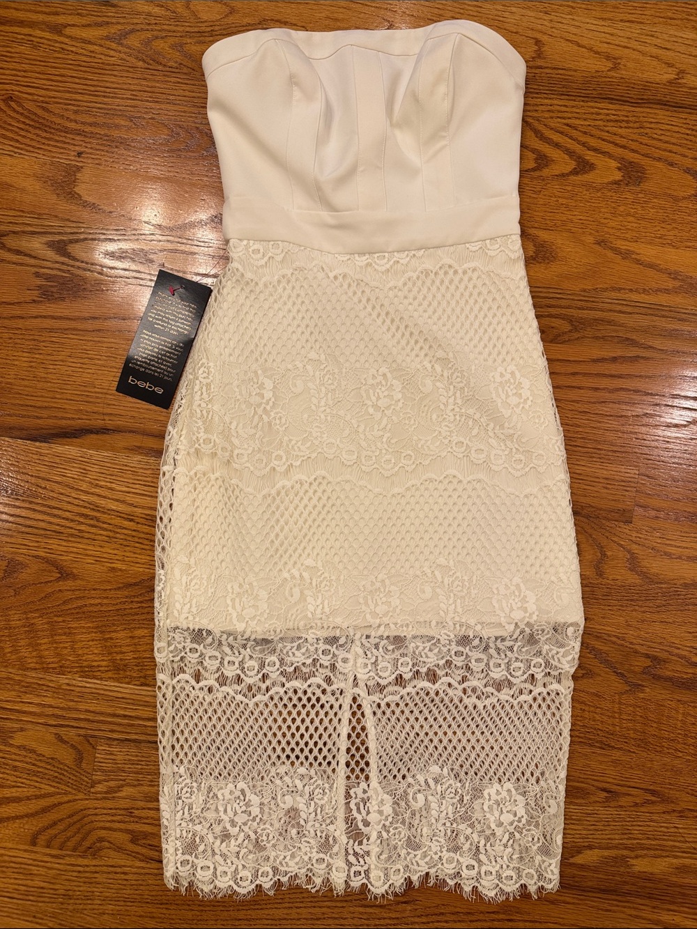 bebe Strapless Ivory Lace Pencil Dress
